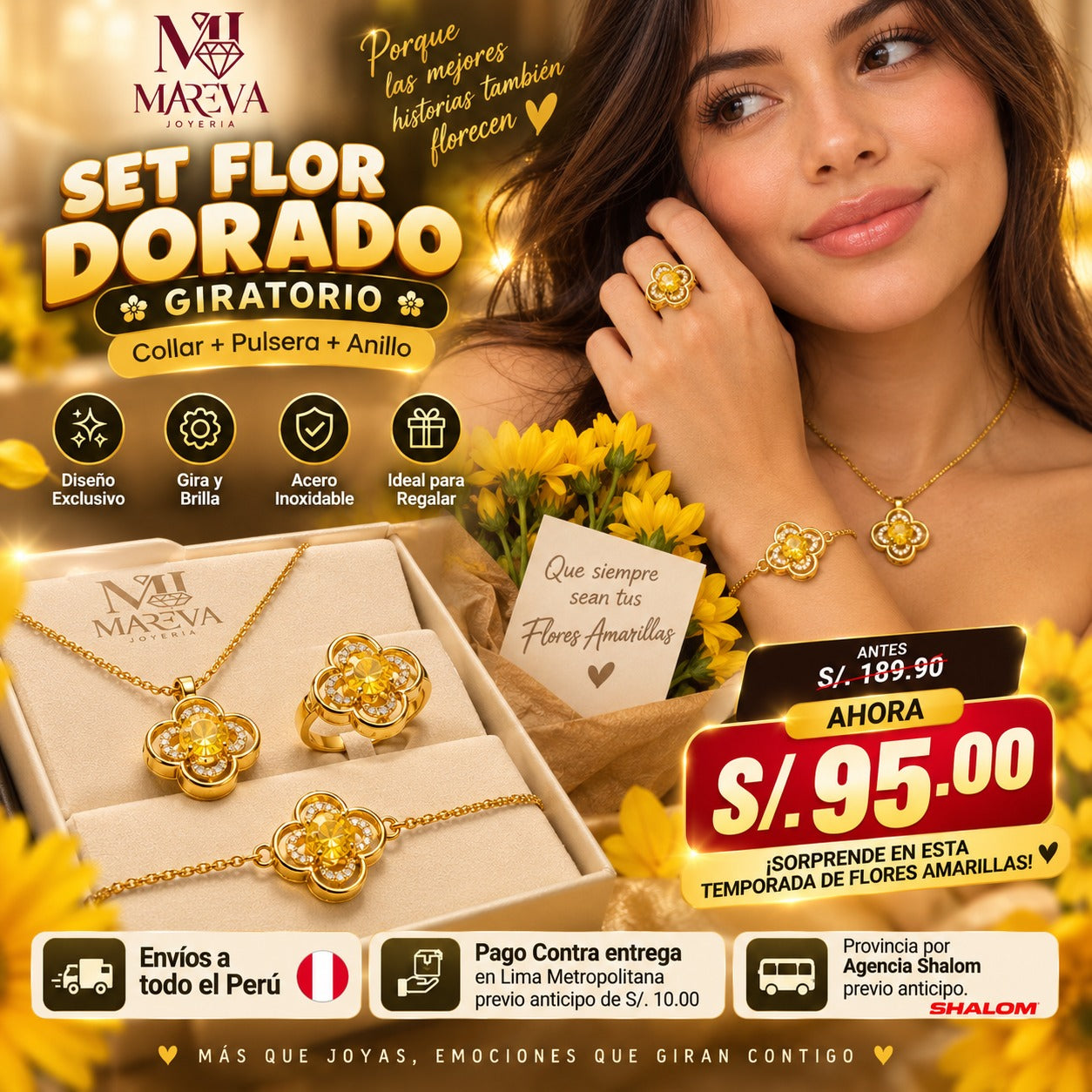 Set giratorio Flor Dorada 🌼 (Collar + pulsera + anillo)
