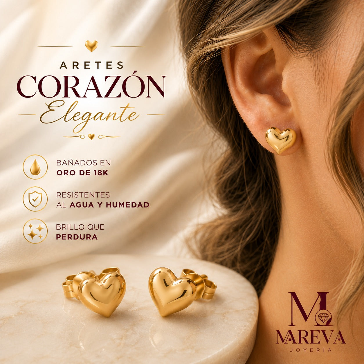 PAR ARETES CORAZON ELEGANTE - DOBLE BAÑO DE ORO
