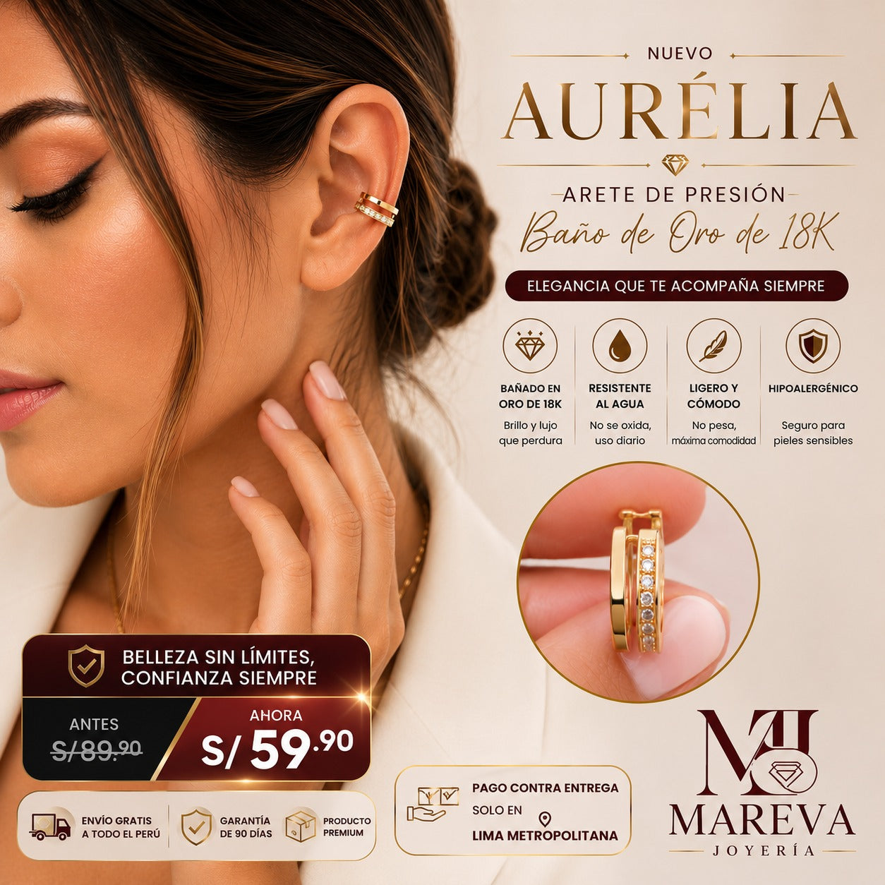 ARETE A PRESIÓN AURELIA - DOBLE BAÑO DE ORO