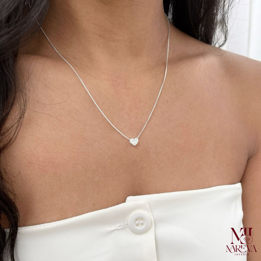 SET CORAZON PUNTO DE LUZ PASANTE (COLLAR+ARETES) PLATA FINA | ENVÍO GRATIS