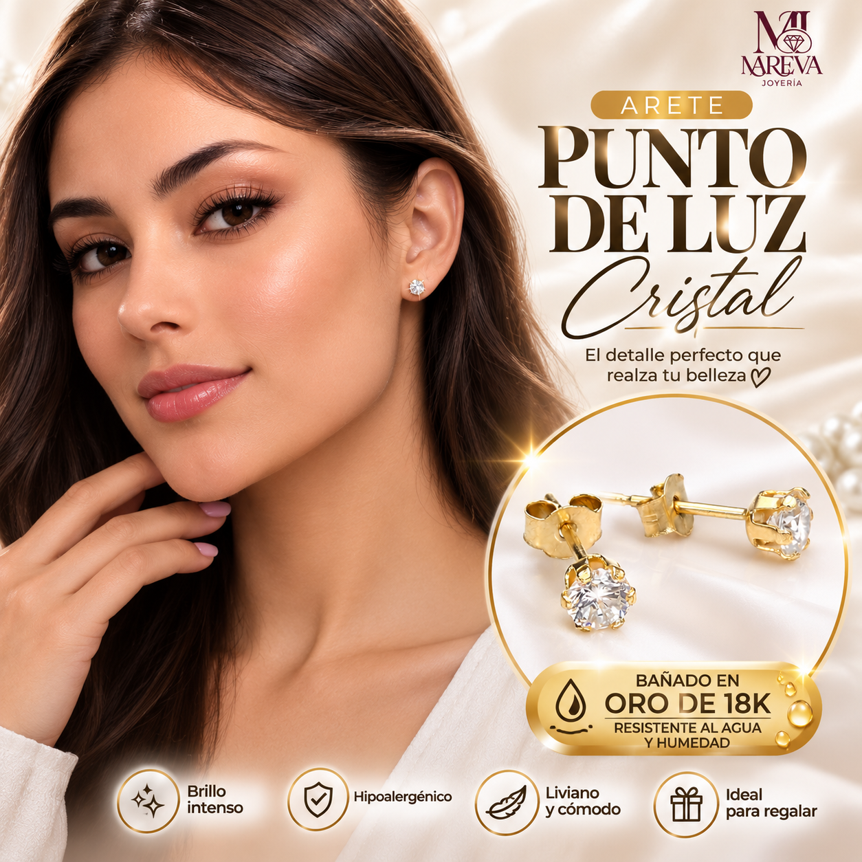 PAR ARETES PUNTO DE LUZ CRISTAL - DOBLE BAÑO DE ORO
