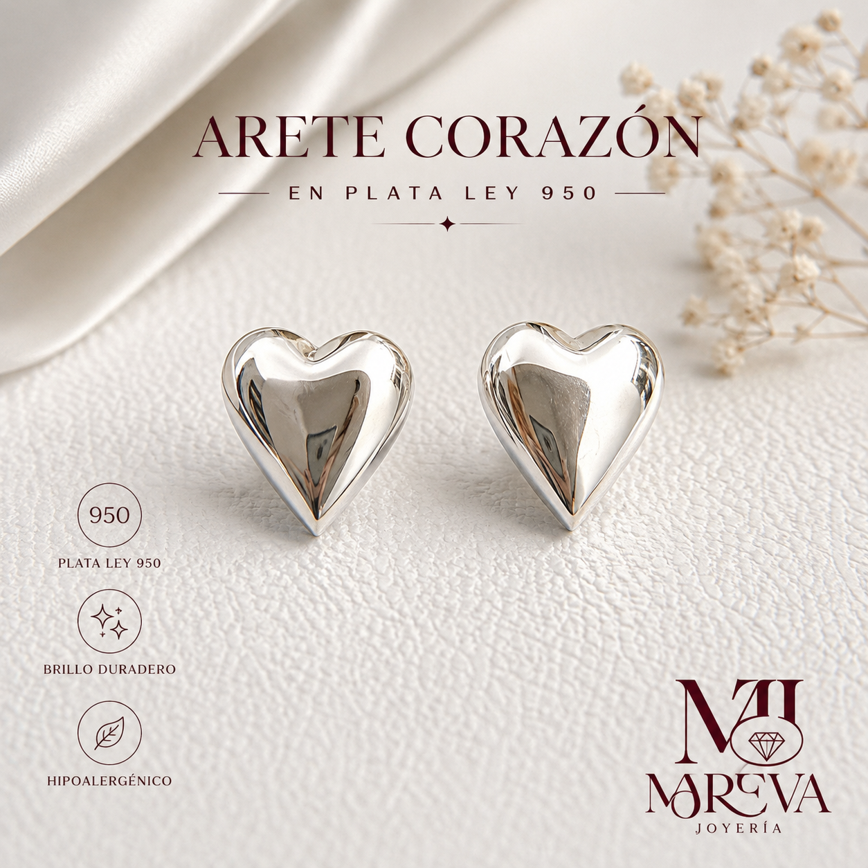 PAR ARETES CORAZÓN - PLATA LEY 950
