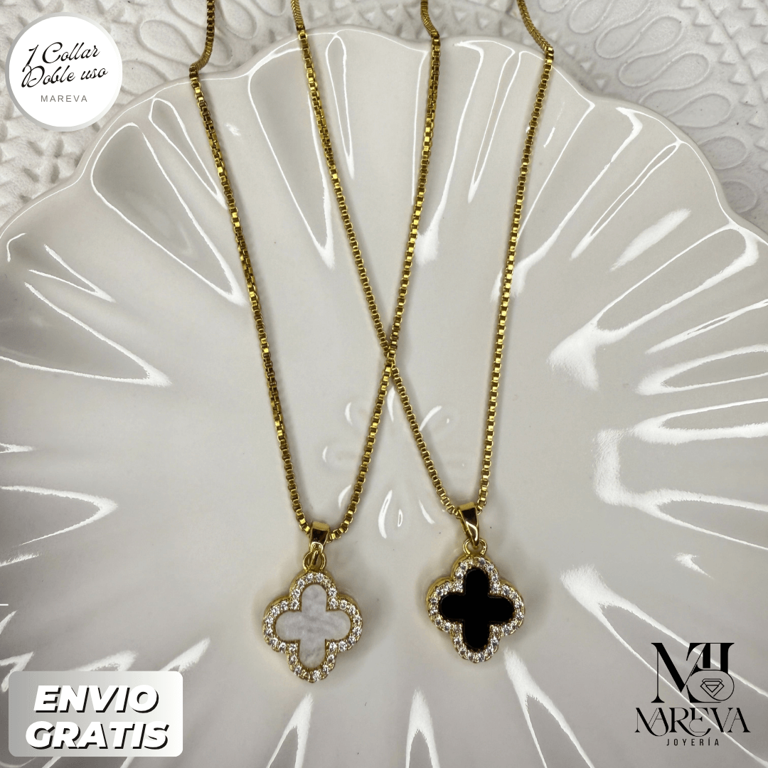 COLLAR TREBOL DOBLE USO NEGRO Y BLANCO (Estilo VAN CLEEF)| ENVÍO GRATIS