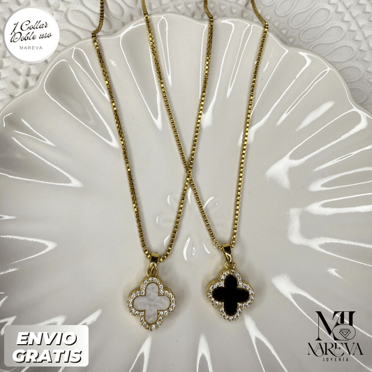 COLLAR TREBOL DOBLE USO NEGRO Y BLANCO (Estilo VAN CLEEF)| ENVÍO GRATIS