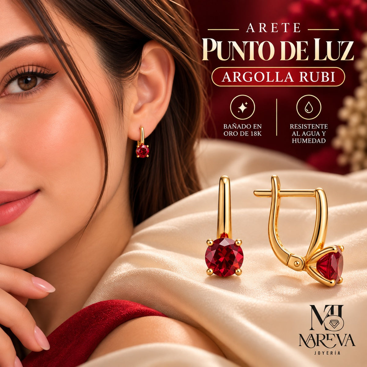 Par aretes Punto de luz Argolla Rubí -  Bañado en oro de 18k