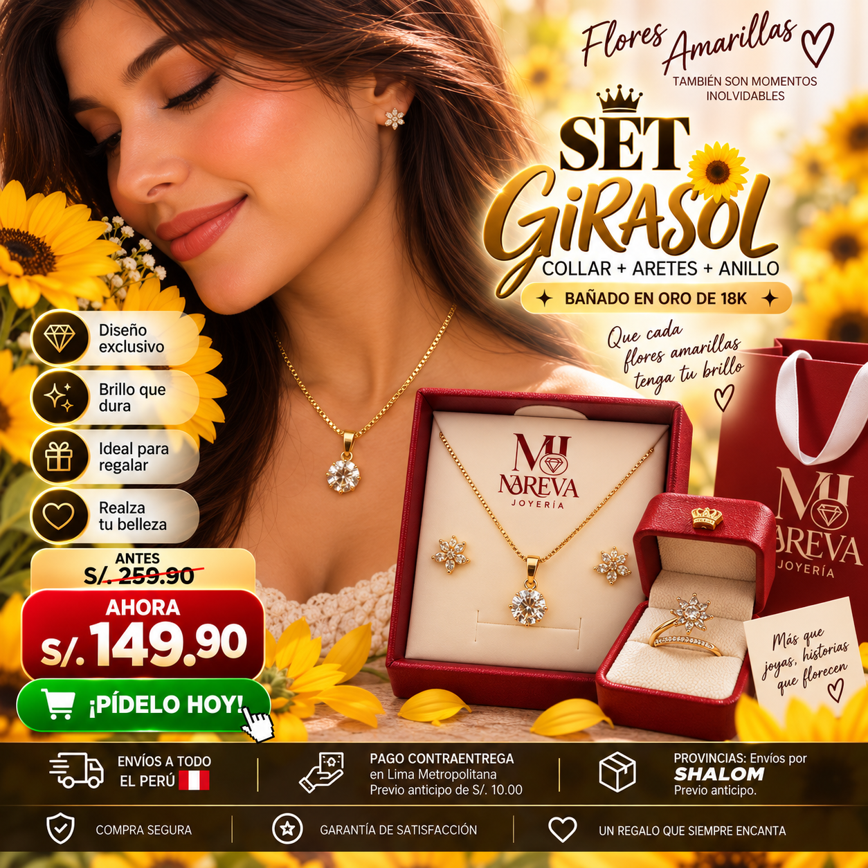 Set girasol (Collar + Arete + Anillo)| Doble baño de oro de 18K