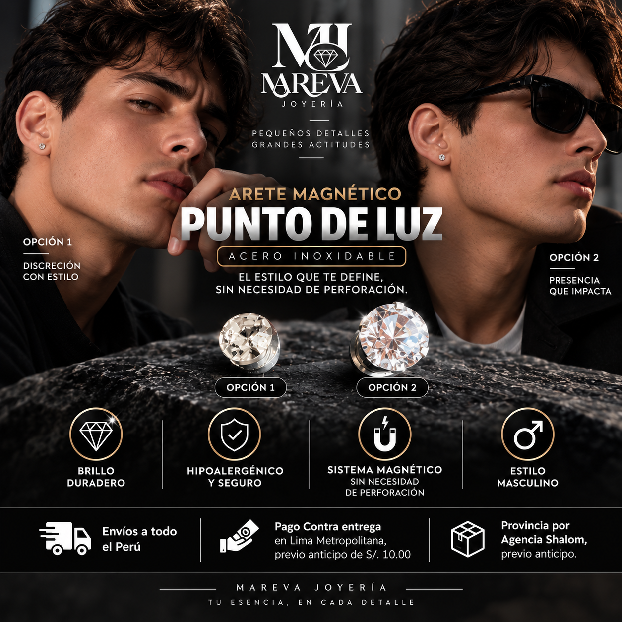 FOR MEN: Par de Arete Punto de Luz - DOBLE BAÑO DE ORO BLANCO