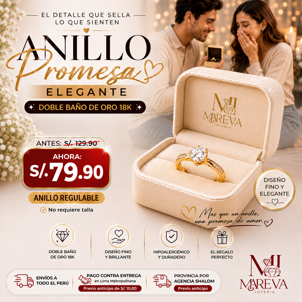 Anillo Promesa Elegante (Regulable)♡ - DOBLE BAÑO DE ORO 18K
