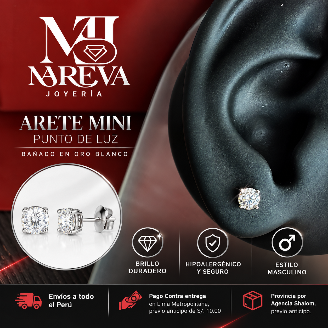 FOR MEN: Par de Arete Punto de Luz - DOBLE BAÑO DE ORO BLANCO