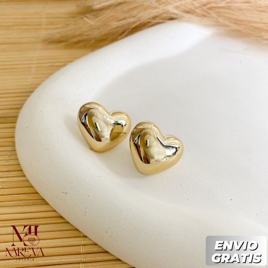 PAR ARETES CORAZON BOMBITA - DOBLE BAÑO DE ORO | ENVÍO GRATIS