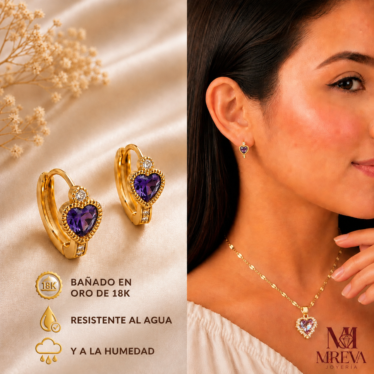 PAR ARETES ARGOLLA CORAZON MORADO 💜  - DOBLE BAÑO DE ORO