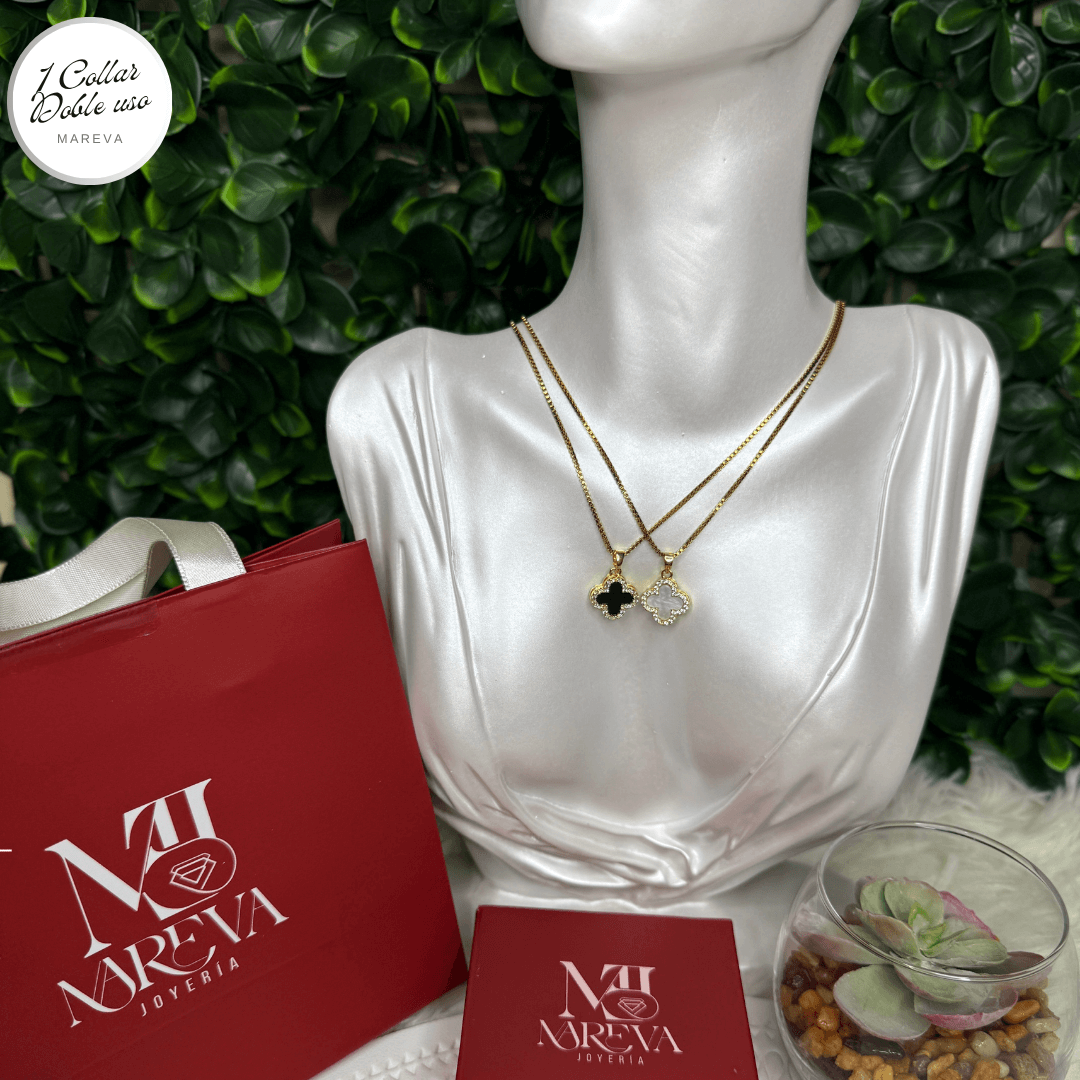 COLLAR TREBOL DOBLE USO NEGRO Y BLANCO (Estilo VAN CLEEF)| ENVÍO GRATIS