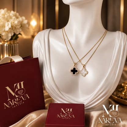 COLLAR TREBOL DOBLE USO NEGRO Y BLANCO (Estilo VAN CLEEF)