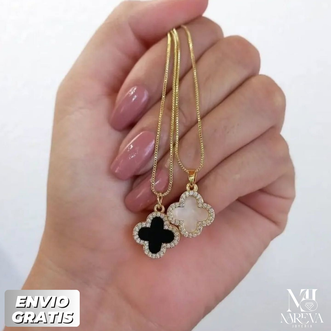 COLLAR TREBOL DOBLE USO NEGRO Y BLANCO (Estilo VAN CLEEF)