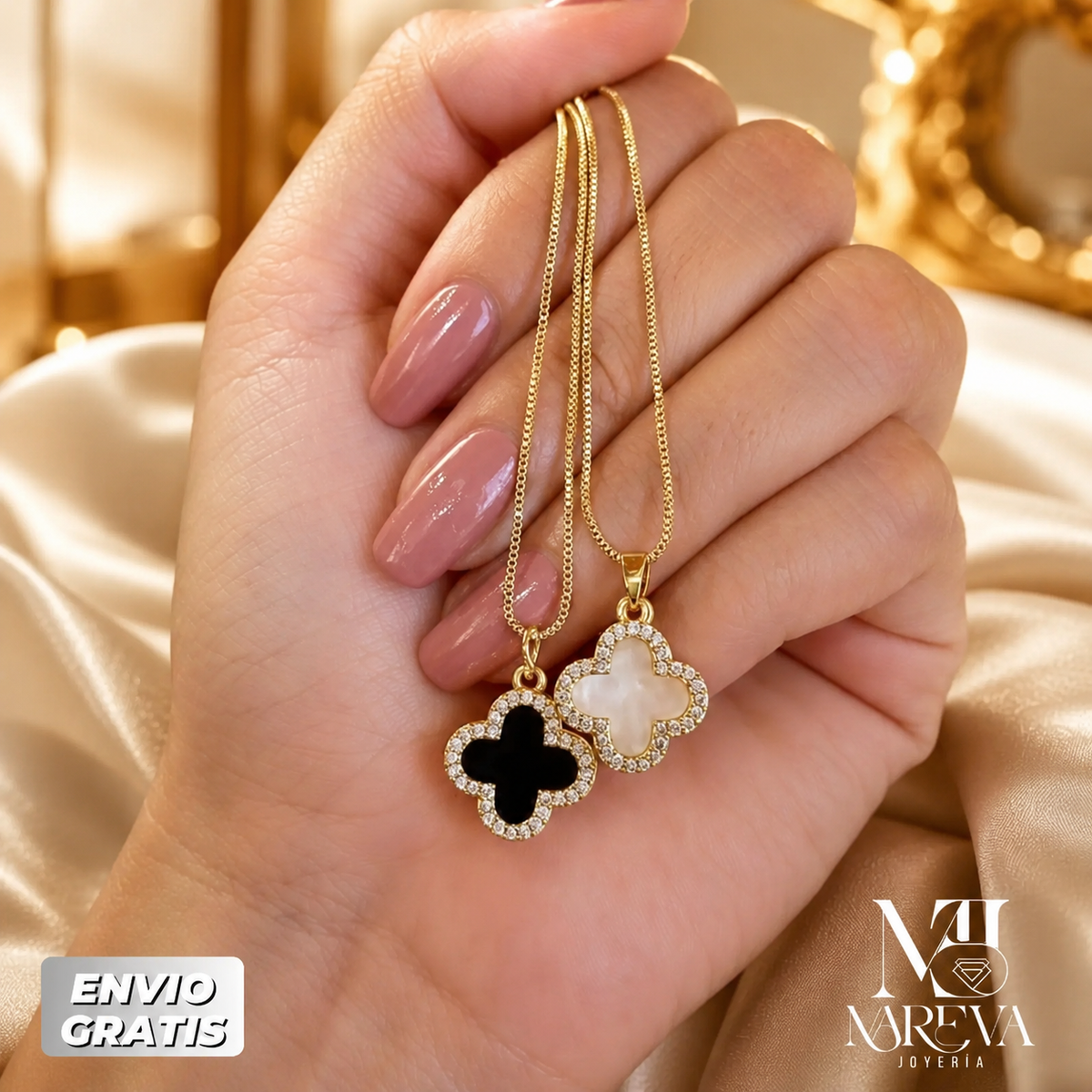 COLLAR TREBOL DOBLE USO NEGRO Y BLANCO (Estilo VAN CLEEF)