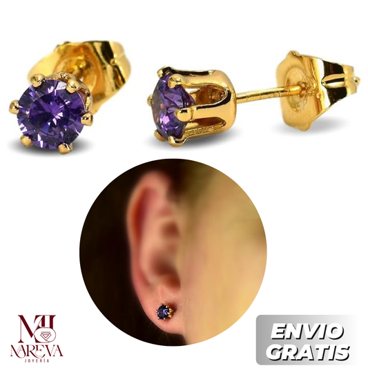 PAR ARETES PUNTO DE LUZ MORADO- DOBLE BAÑO DE ORO | ENVÍO GRATIS