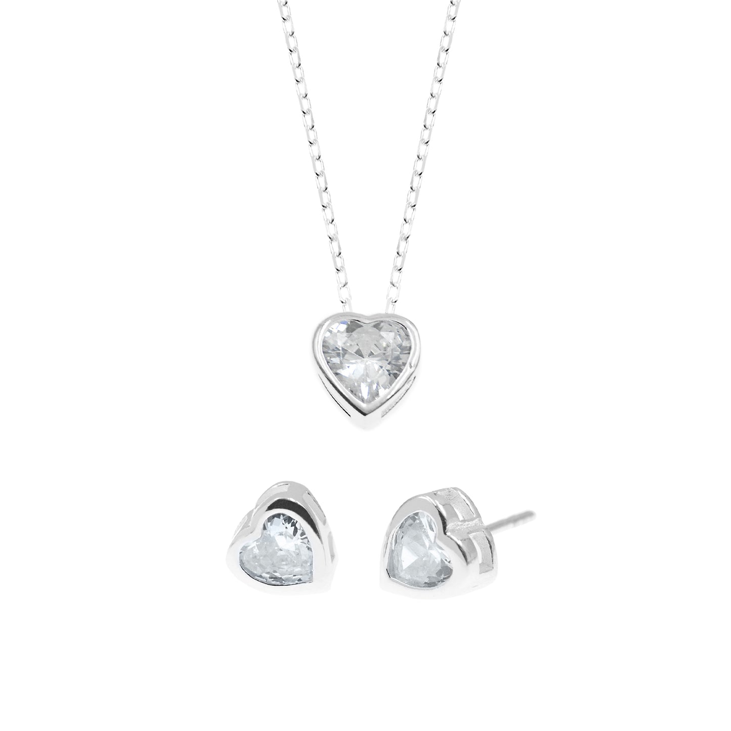 SET CORAZON PUNTO DE LUZ PASANTE (COLLAR+ARETES) PLATA FINA | ENVÍO GRATIS