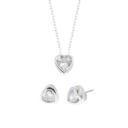 SET CORAZON PUNTO DE LUZ PASANTE (COLLAR+ARETES) PLATA FINA | ENVÍO GRATIS