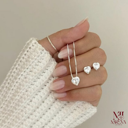 SET CORAZON PUNTO DE LUZ PASANTE (COLLAR+ARETES) PLATA FINA | ENVÍO GRATIS