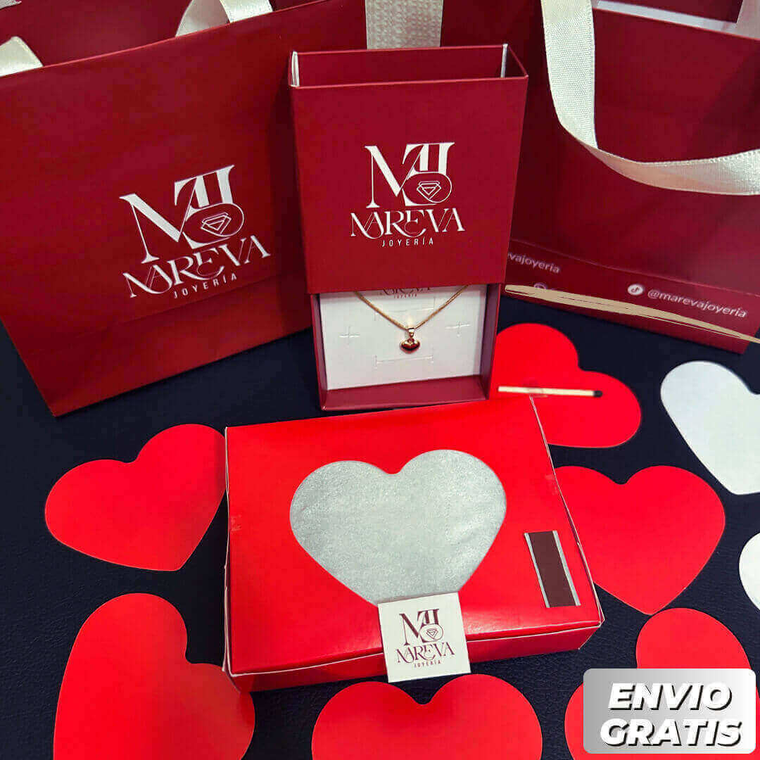 SORPRESA ROMÁNTICA: CAJA FUEGO DE AMOR + COLLAR CORAZÓN DOBLE BAÑO DE ORO 18K | ENVÍO GRATIS