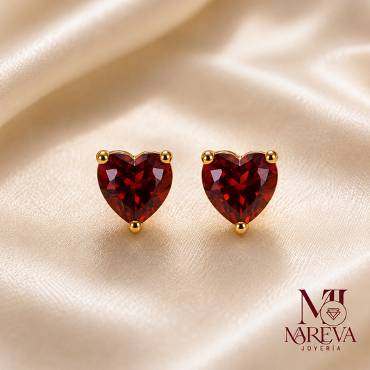 PAR ARETES CORAZÓN ROJO - DOBLE BAÑO DE ORO