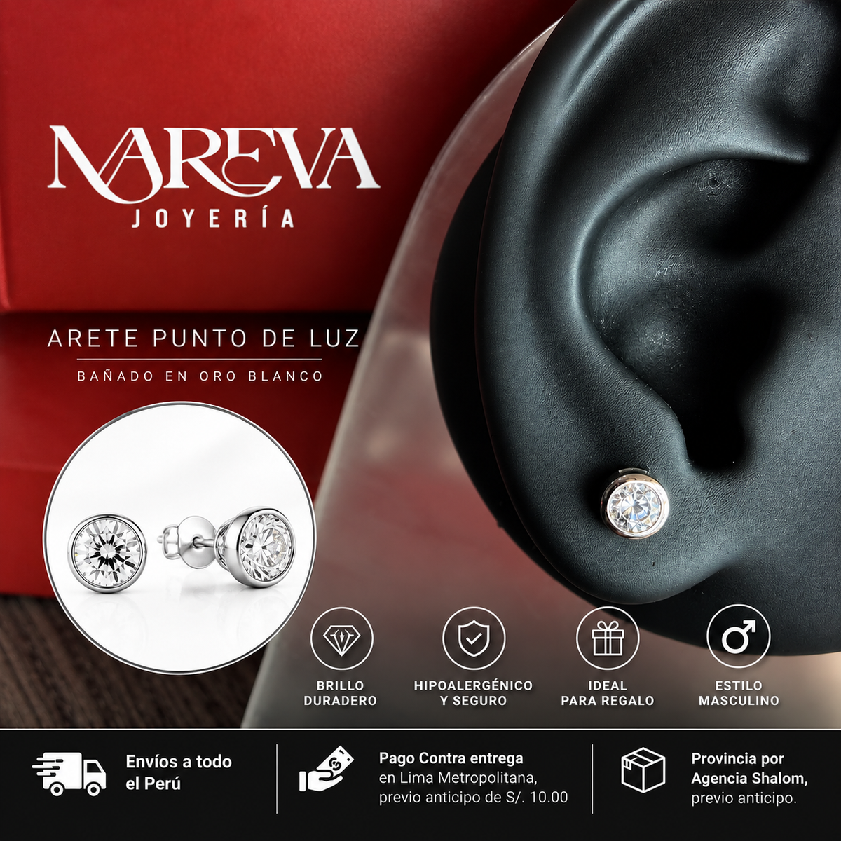 FOR MEN: Par de Arete Punto de Luz - DOBLE BAÑO DE ORO BLANCO