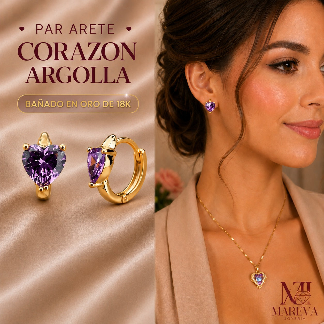 PAR ARETES ARGOLLA CORAZON MORADO 💜  - DOBLE BAÑO DE ORO