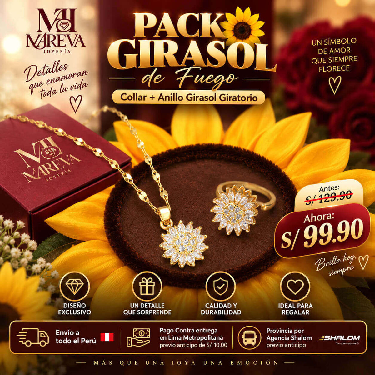 PACK GIRASOL DE FUEGO: Collar+anillo Girasol, Sellado con fuego