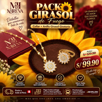 PACK GIRASOL DE FUEGO: Collar+anillo Girasol, Sellado con fuego