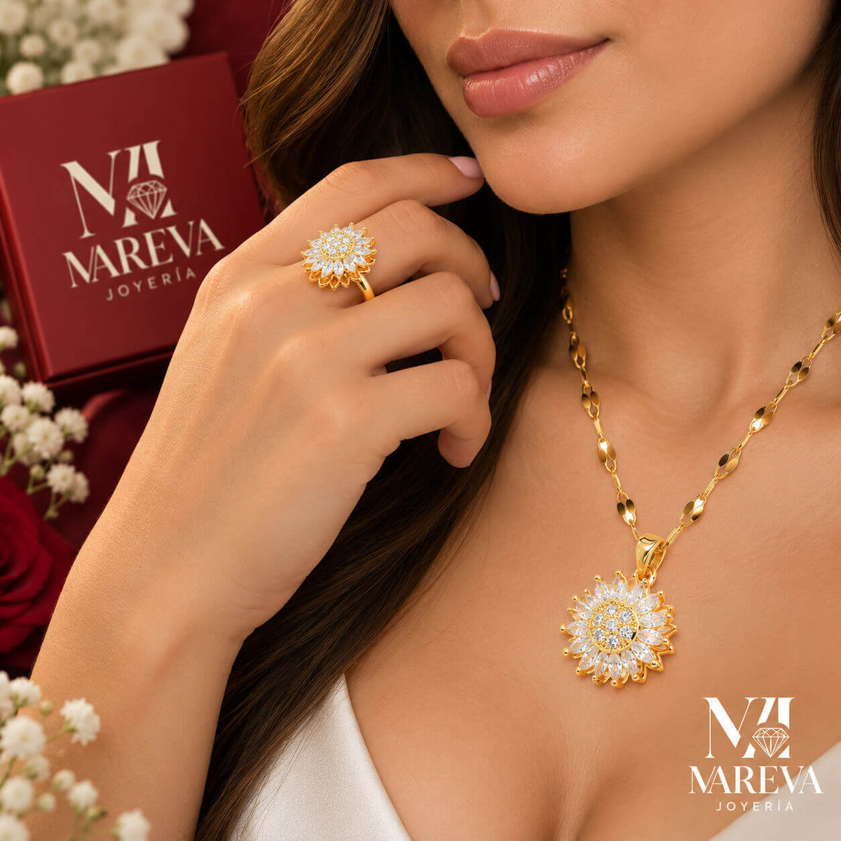 PACK GIRASOL DE FUEGO: Collar+anillo Girasol, Sellado con fuego