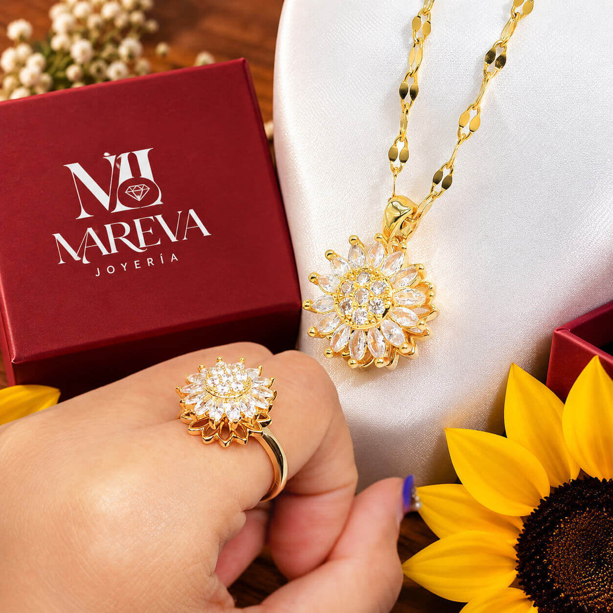 PACK GIRASOL DE FUEGO: Collar+anillo Girasol, Sellado con fuego