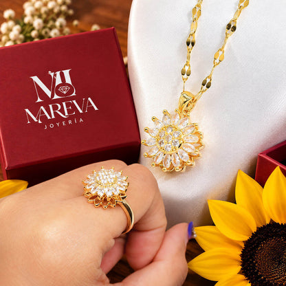 PACK GIRASOL DE FUEGO: Collar+anillo Girasol, Sellado con fuego